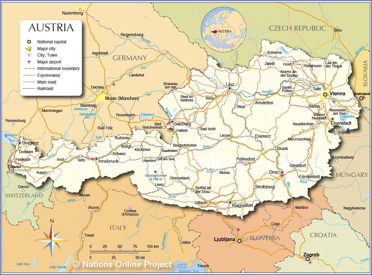 mapa de austria, con cidades e vilas